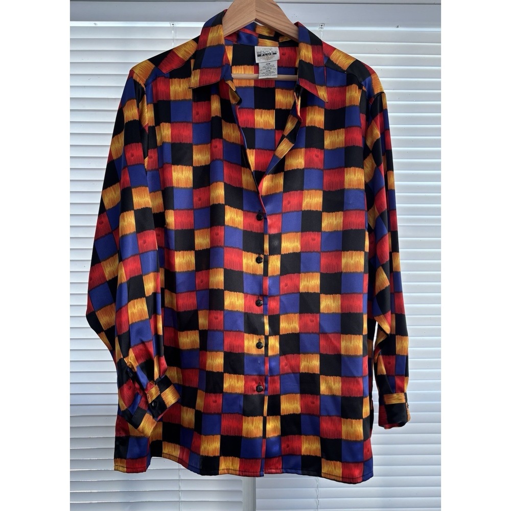 Bentley Plus Womens 20W Square Print Satin Blouse Button Front Long Sleeve Artsy
